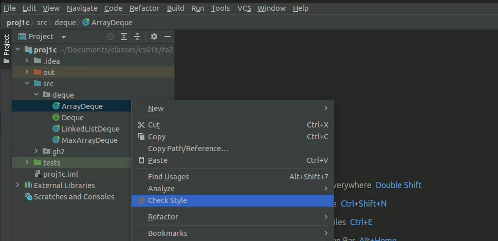 screenshot of intellij with right-click menu open